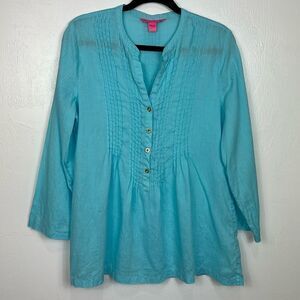 Lilly Pulitzer Sarasota Linen Pleated Tunic Top In Turquoise Size S